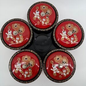 Vintage Japanese Lacquerware Osechi Jubako Bowl Set (5-Piece) w/ Lion Design